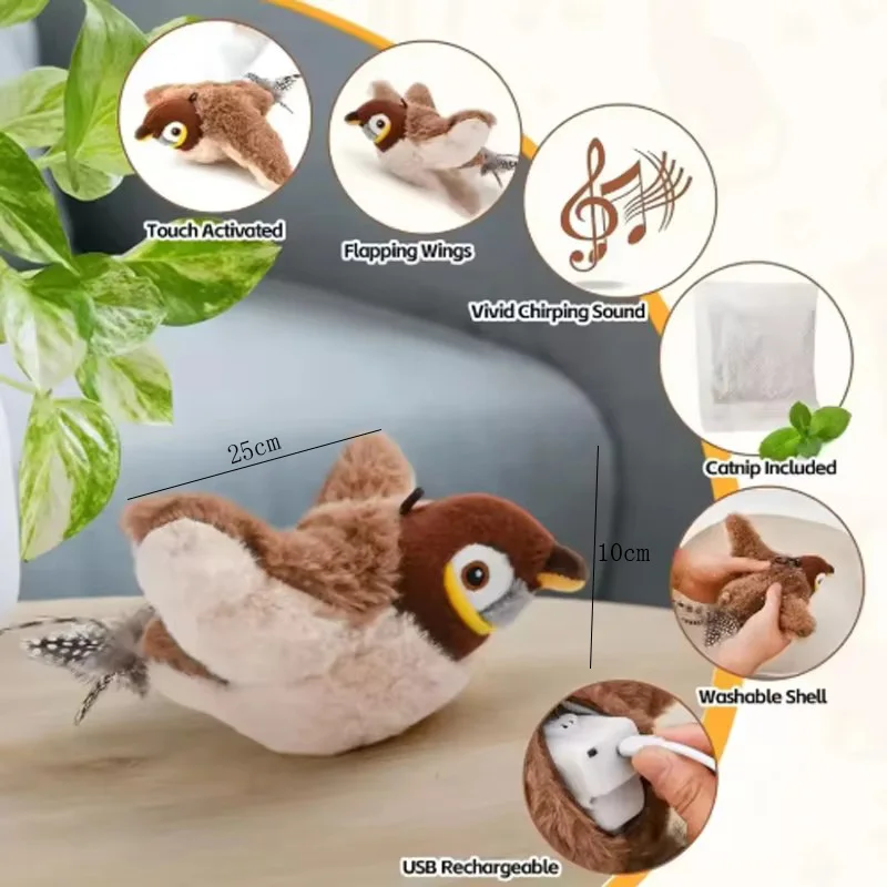 Hot Simulated Bird Cat Toy Interactive  Rechargeable Chirping Flapping Bird - Image 5